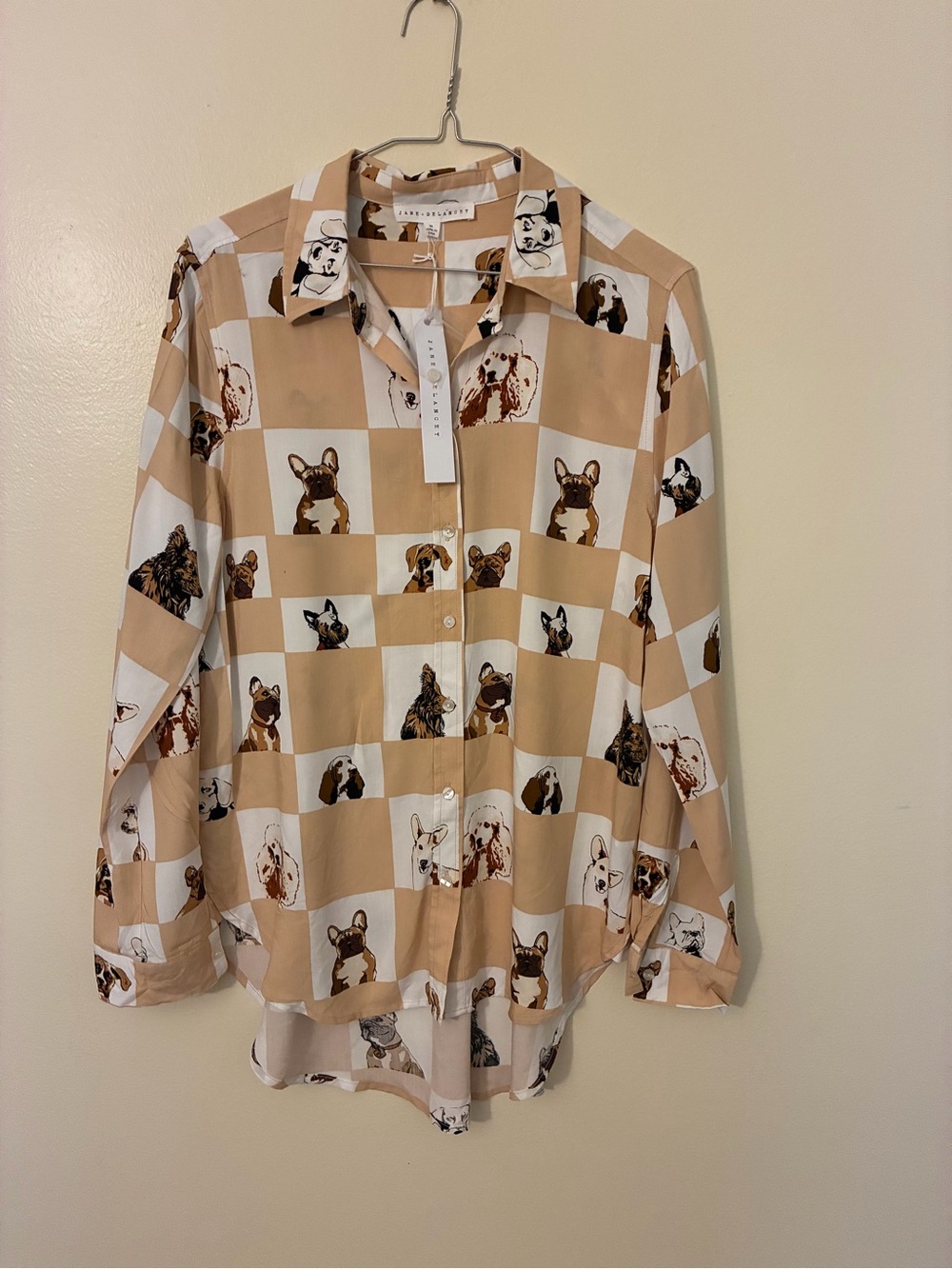 Jane and Delancey Beige and White Button-Down Shirt with Dog Print M